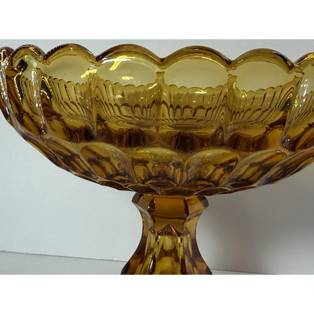 Vintage Amber Glass Thumbprint Pedestal Compote Bowl Scalloped Centerpiece Dish